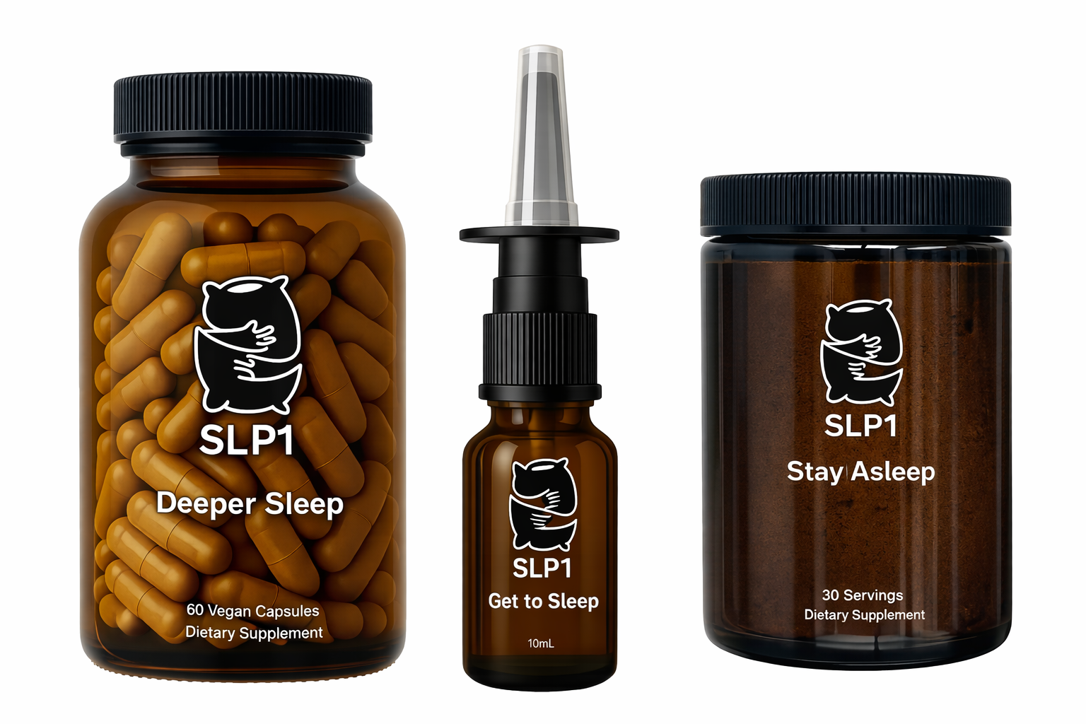 Three brown SLP1 sleep aid products on a white background