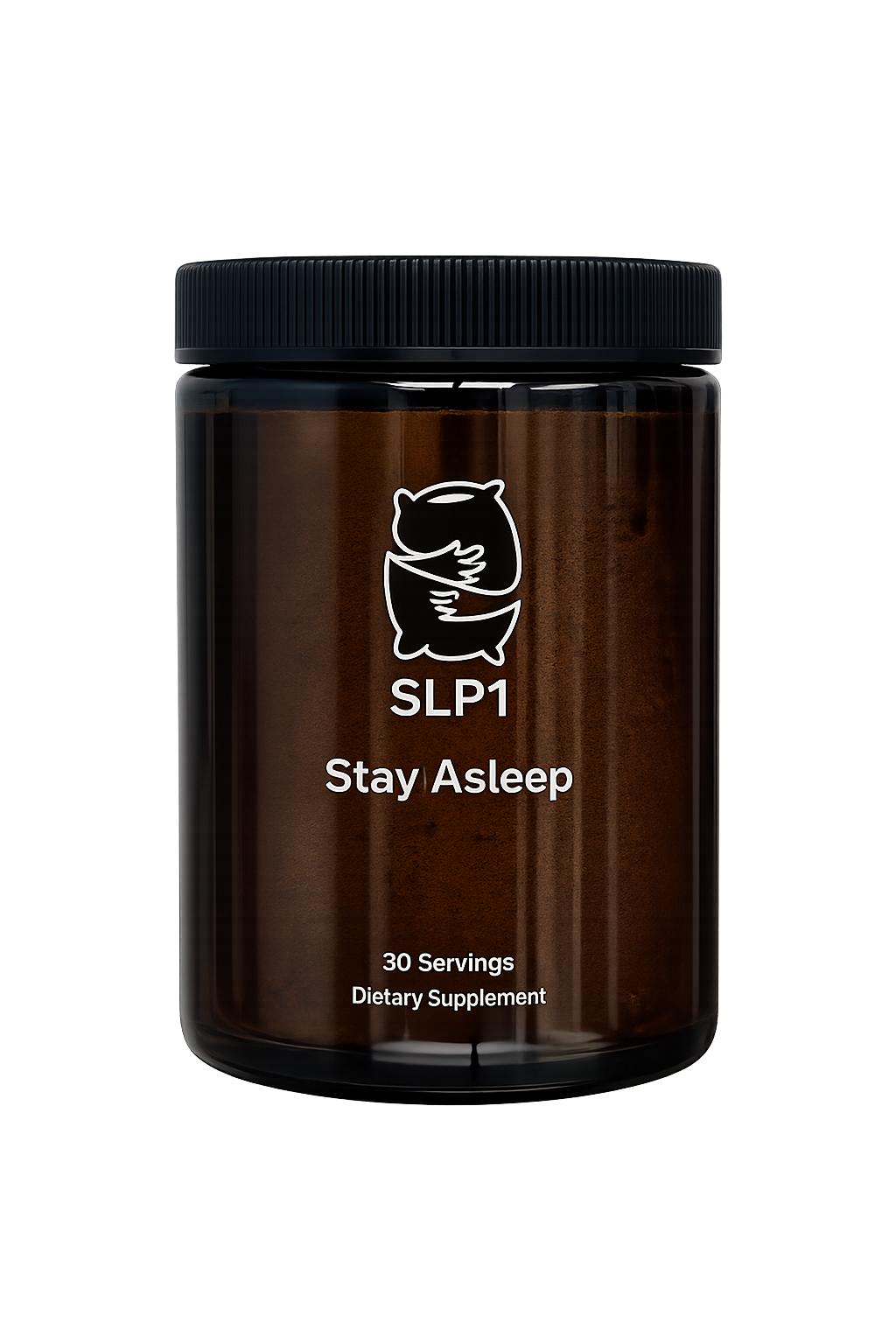 Brown supplement jar with 'SLP1 Stay Asleep' label on a white background